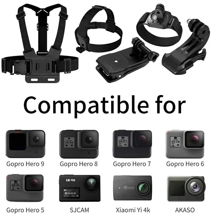 Para GoPro Hero 9 / 8 / 7 / 6 / 5 Kit de acessórios para câmara desportiva 9 em 1 com suporte para o peito, suporte para a cabeça e gancho em J