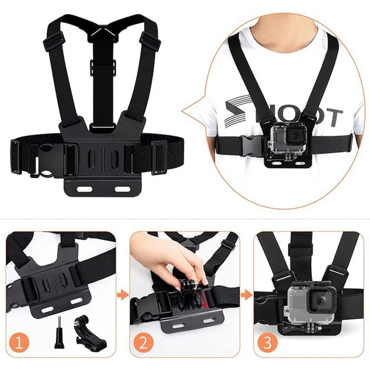 Para GoPro Hero 9 / 8 / 7 / 6 / 5 Kit de acessórios para câmara desportiva 9 em 1 com suporte para o peito, suporte para a cabeça e gancho em J