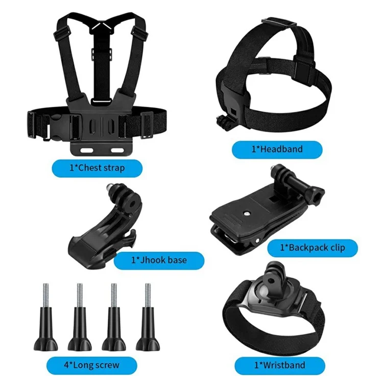 Para GoPro Hero 9 / 8 / 7 / 6 / 5 Kit de acessórios para câmara desportiva 9 em 1 com suporte para o peito, suporte para a cabeça e gancho em J