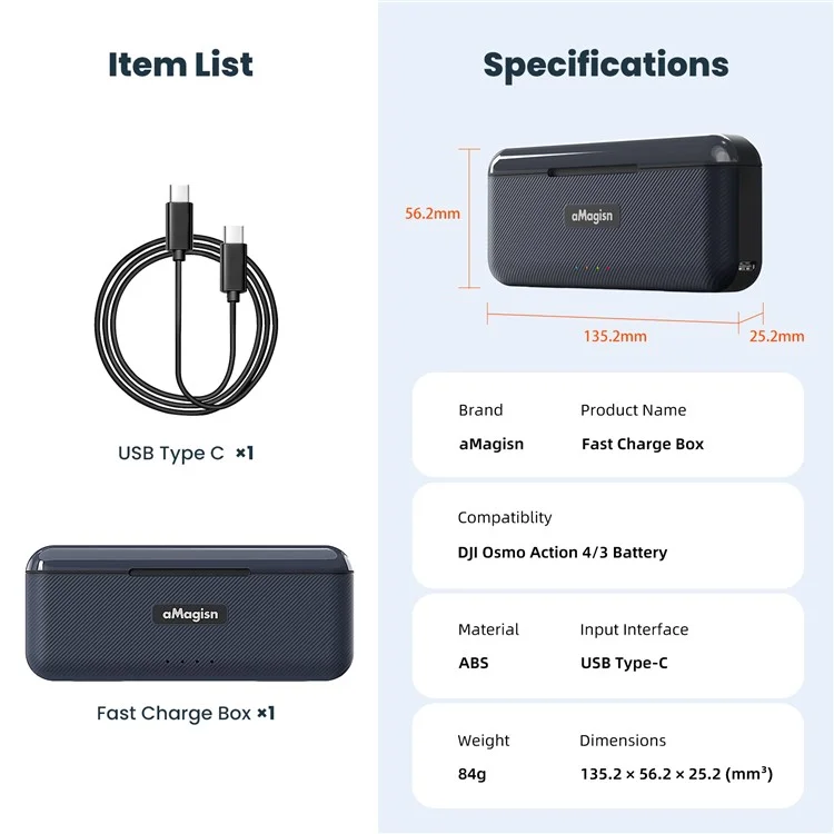 AMAGISN For DJI Osmo Action 4 / 3 Battery Charger Box Action Camera Battery Fast Charging Case (without Batteries)