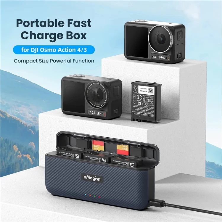 AMAGISN For DJI Osmo Action 4 / 3 Battery Charger Box Action Camera Battery Fast Charging Case (without Batteries)