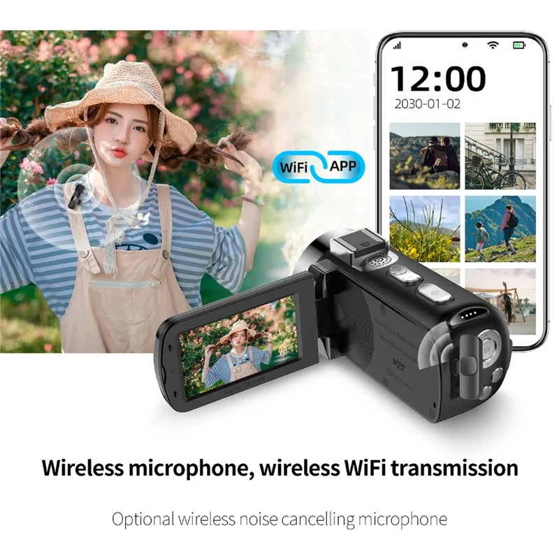 D9 WiFi Digital Camcorder 3 Inch IPS Screen Night Vision 4K Vlog Camera with 128GB Memory Card - Black