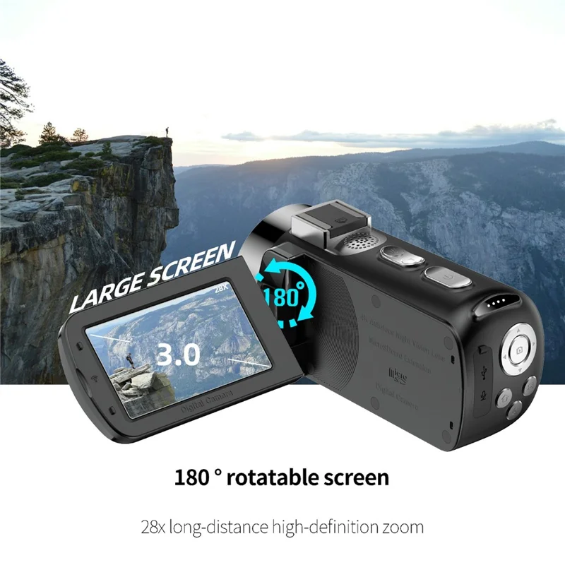 D9 WiFi Digital Camcorder 3 Inch IPS Screen Night Vision 4K Vlog Camera with 128GB Memory Card - Black