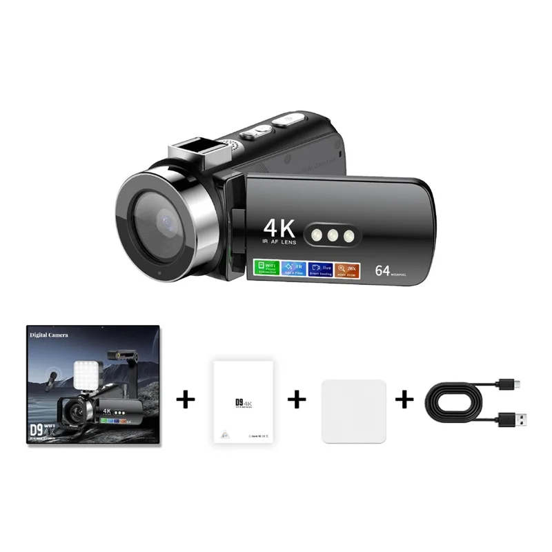 D9 WiFi Digital Camcorder 3 Inch IPS Screen Night Vision 4K Vlog Camera with 128GB Memory Card - Black
