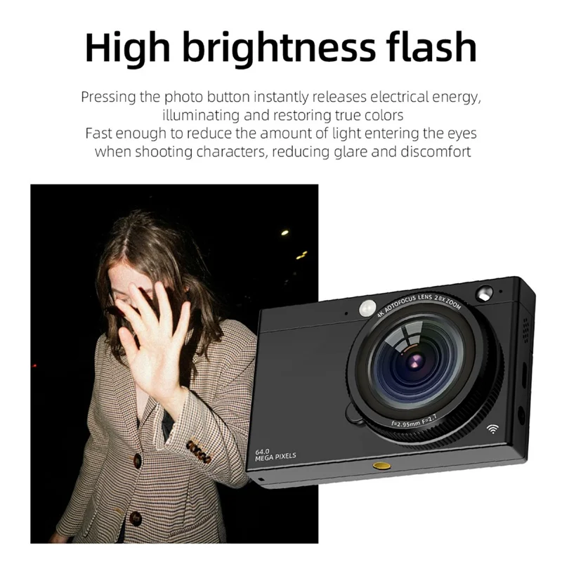 D7 Student Digital Camera 64MP HD CCD WiFi 4K Video Recorder Card Camera with 128GB Memory Card - Black