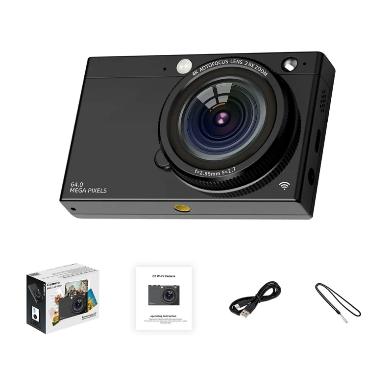 D7 Student Digital Camera 64MP HD CCD WiFi 4K Video Recorder Card Camera with 128GB Memory Card - Black