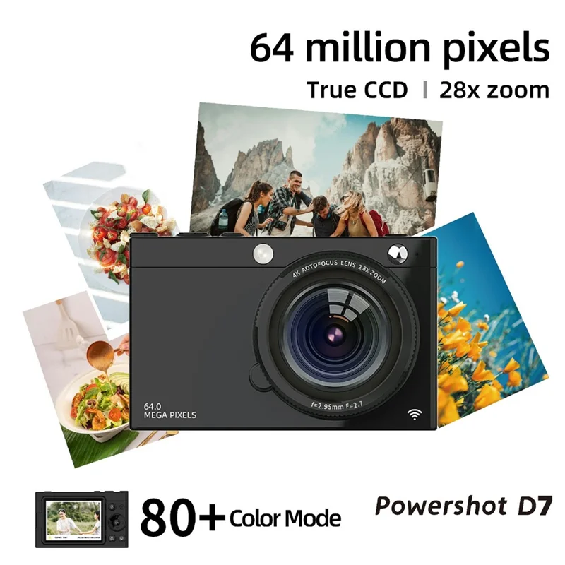 D7 Student Digital Camera 64MP HD CCD WiFi 4K Video Recorder Card Camera with 128GB Memory Card - Black