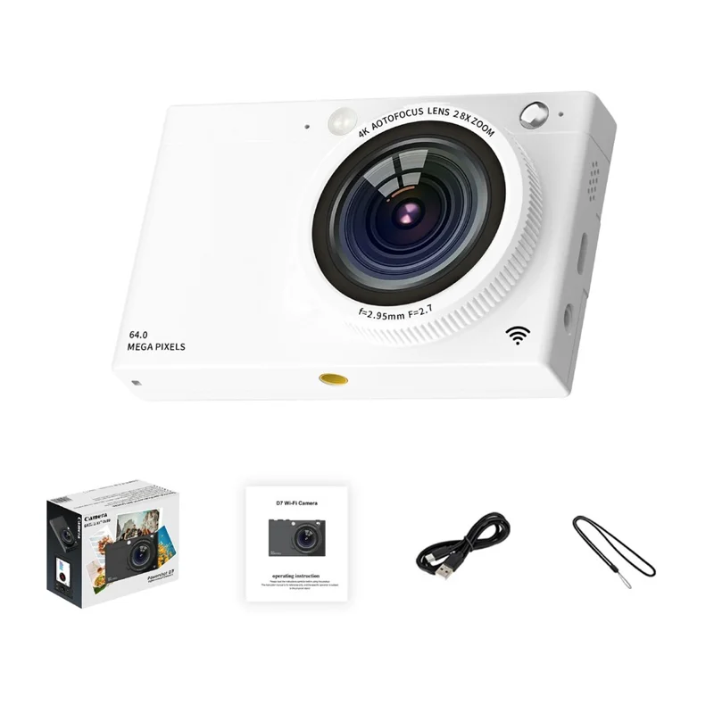 D7 Student Digital Camera 64MP HD CCD WiFi 4K Video Recorder Card Camera with 128GB Memory Card - White