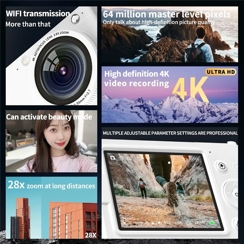 D7 Student Digital Camera 64MP HD CCD WiFi 4K Video Recorder Card Camera with 128GB Memory Card - White