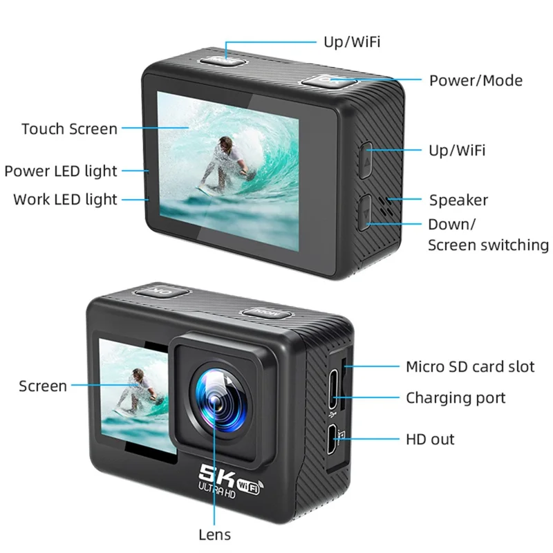 F303AATR 5K Ultra HD Dual Screen Sports Camera EIS Mini Dash Cam with Waterproof Case