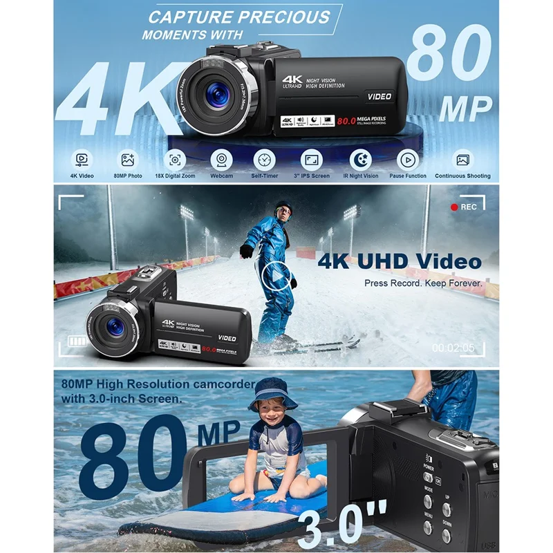 Handhållen DV 4K Ultra 80 MP digital kamera med 32 GB TF-kort / 2 batterier för utomhusresor 18X digital zoom 3,0 tum IPS-skärm camcorder