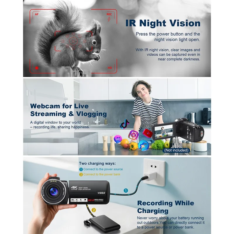 Handheld DV 4K Ultra 80MP Digital Camera with 1 Battery for Outdoor Travel 18X Digital Zoom 3.0 Inch IPS Screen Camcorder