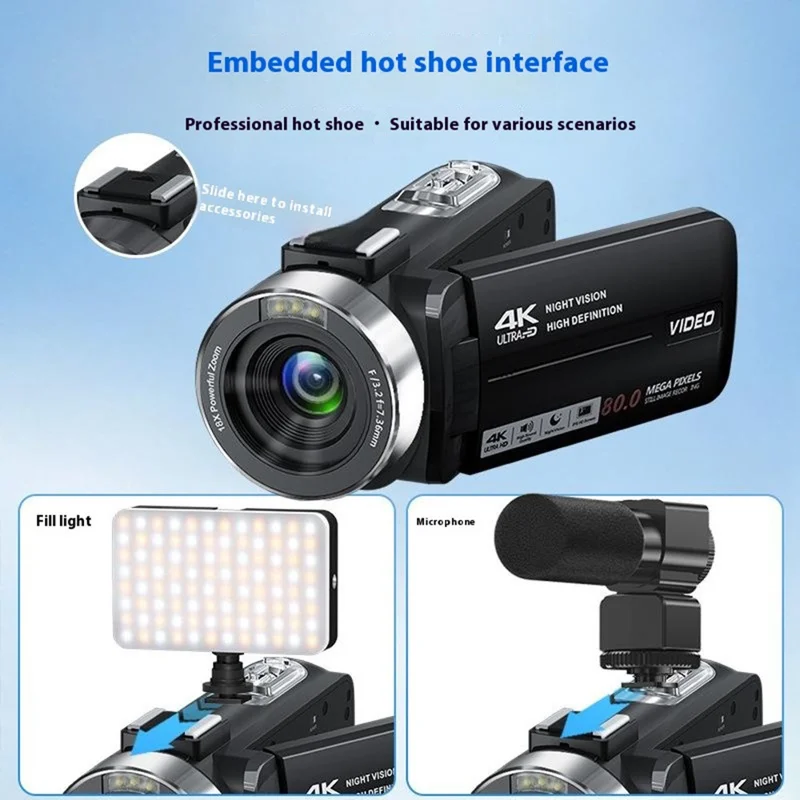 Cámara digital de mano DV 4K Ultra 80MP con tarjeta TF de 64 GB / 2 baterías para viajes al aire libre, zoom digital 18X, videocámara con pantalla IPS de 3,0 pulgadas