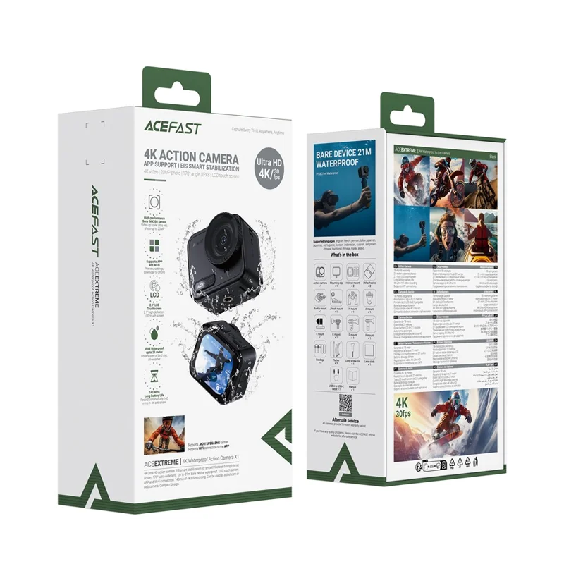 كاميرا ACEFAST X1 الإجرائية بدقة 4K مع استقرار EIS وشاشة LCD مقاس 2.1 بوصة ومقاومة للماء IPX8 وكاميرا عرض واسع
