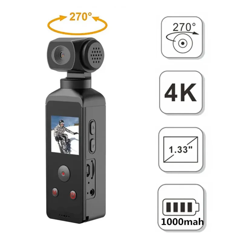 850H 4K Sports Digital Camera with 270 Degree Rotating Lens Action Cam EIS Anti Shake HD Handheld Camcorder - Black