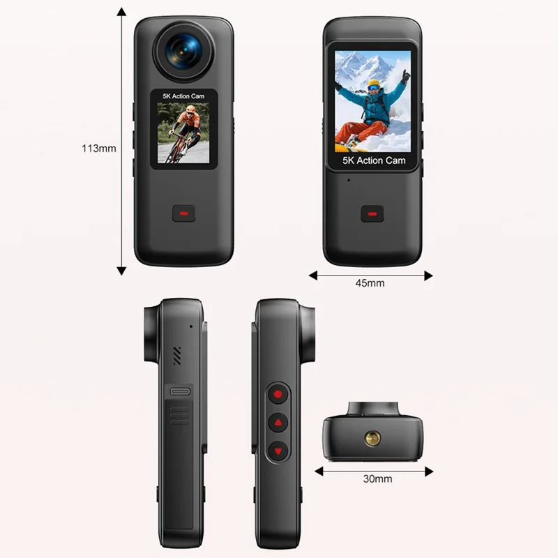 K8 5K 30m Underwater Waterproof Action Camera WiFi Dual Screen Remote Control Camera for Diving Cycling Vlog - Black