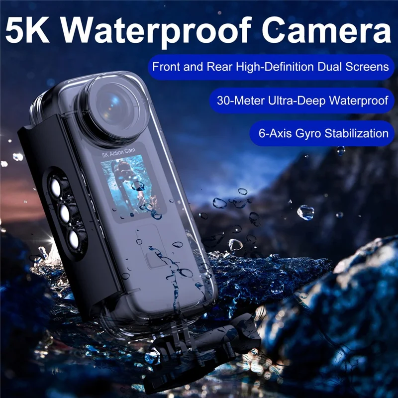 K8 5K 30m Underwater Waterproof Action Camera WiFi Dual Screen Remote Control Camera for Diving Cycling Vlog - Black