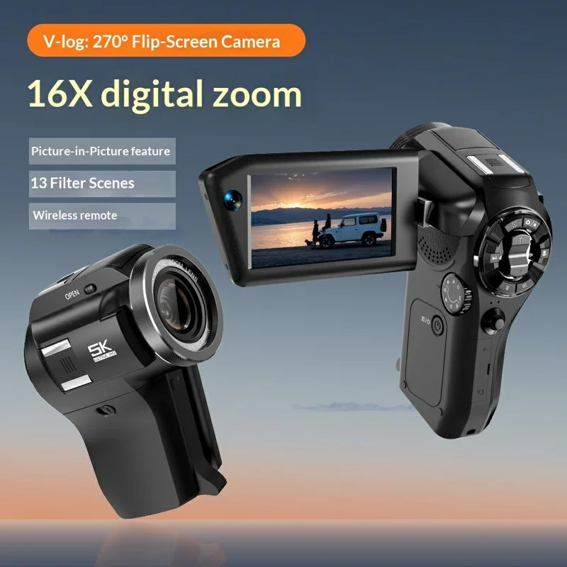 CD-V03 8K Vlogging Camera 270 Degree Flip Screen 16X Digital Zoom WiFi Handheld Camcorder for Travel - Black