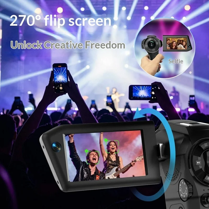 CD-V03 8K Vlogging Camera 270 Degree Flip Screen 16X Digital Zoom WiFi Handheld Camcorder for Travel - Black
