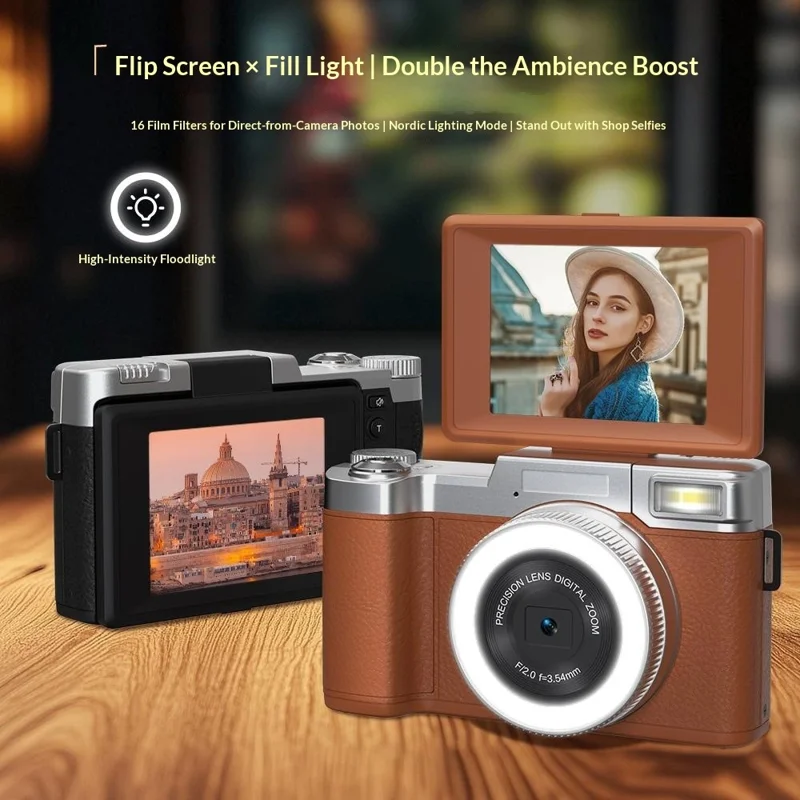 CDR2L 2.8 inch Flip Screen 4K 30FPS 18X Digital Zoom CCD Digital Camera with Pop-up Flash - Brown
