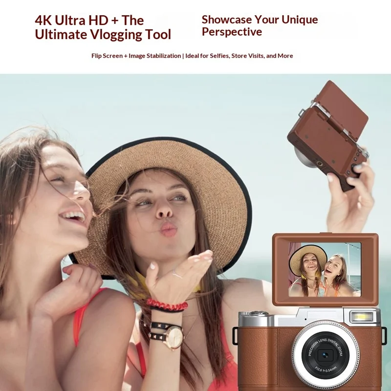 CDR2L 2.8 inch Flip Screen 4K 30FPS 18X Digital Zoom CCD Digital Camera with Pop-up Flash - Brown