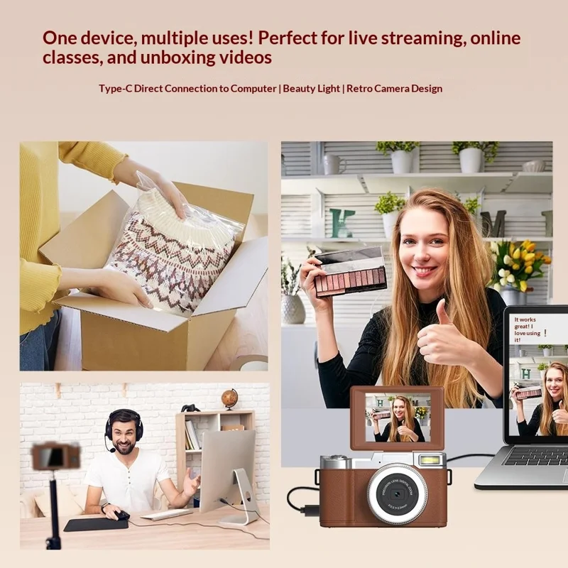 CDR2L 2.8 inch Flip Screen 4K 30FPS 18X Digital Zoom CCD Digital Camera with Pop-up Flash - Brown