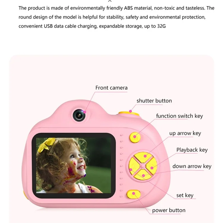 D6V 2.0 inch Screen Children Camera Toy Rechargeable Dual Lens DSLR Camera Camcorder Kids Gift (No Memory Card) - Pink