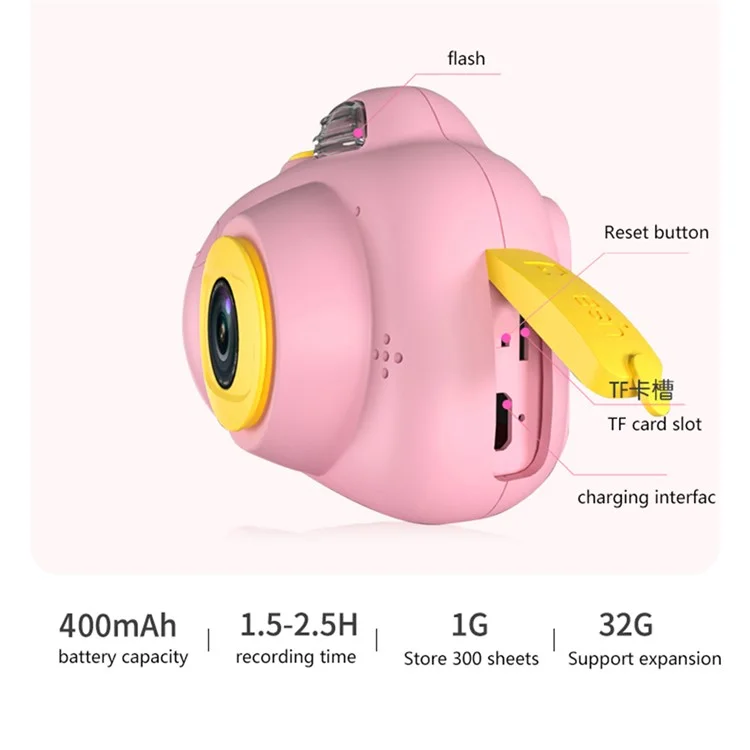 D6V 2.0 inch Screen Children Camera Toy Rechargeable Dual Lens DSLR Camera Camcorder Kids Gift (No Memory Card) - Pink
