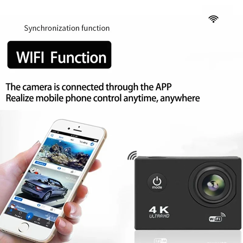 F201 2.0 Inch WiFi 4K Video Cam 120 Degree Wide Angle Action Camera with Waterproof Case - Black
