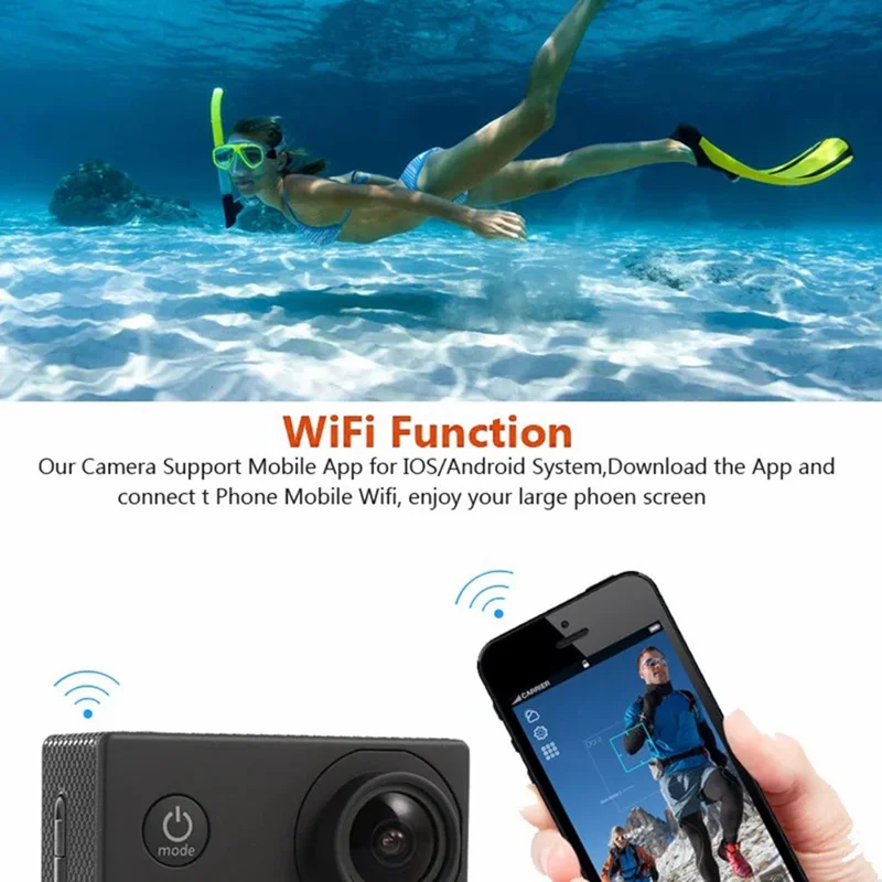 F200 2.0 Inch 140 Degree Wide Angle WiFi Underwater Action Camera 4K Video Cam - Black