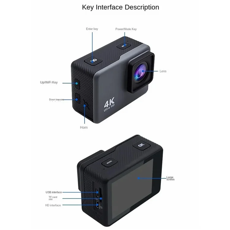 Cámara de acción F300AB-R de 2 pulgadas 4K con WiFi, pantalla táctil HD y carcasa impermeable para 30 m - Negro