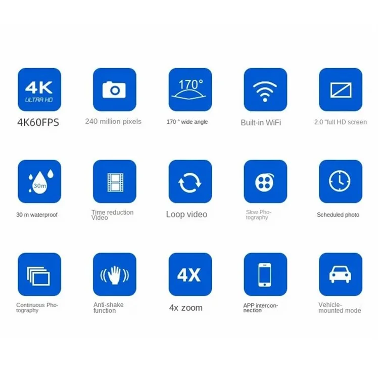 Cámara de acción F300AB-R de 2 pulgadas 4K con WiFi, pantalla táctil HD y carcasa impermeable para 30 m - Negro