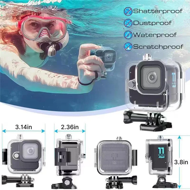 For GoPro Hero 11 Mini Waterproof Case Clear Design PC+Tempered Glass+Stainless Steel Housing Case Camera Underwater Diving Cover