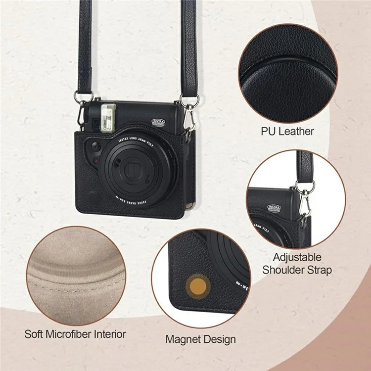 Para Fujifilm Instax Mini 99 Bolsa de Câmera Retrô em Couro PU Anti-Queda Capa Protetora com Alça de Ombro - Preto