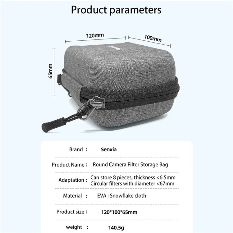 Sac de filtre pour appareil photo SENXIA FP-01 avec 8 emplacements pour transporter les filtres ND, UV et CPL.