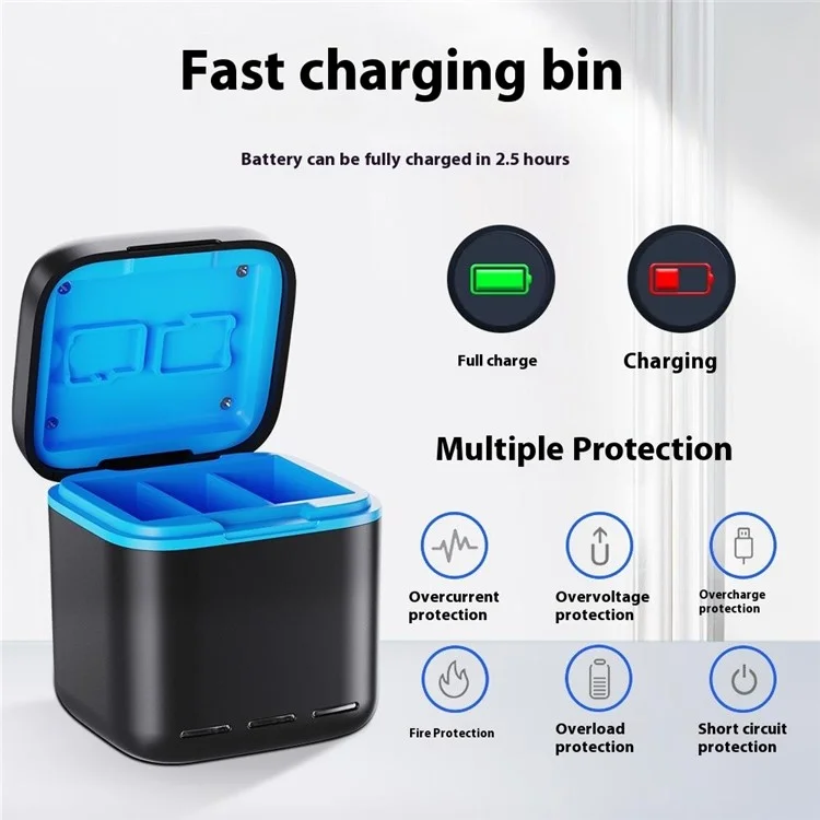For GoPro Hero 13 Triple Battery Charger Fast Charging Case Action Camera Battery Storage Box