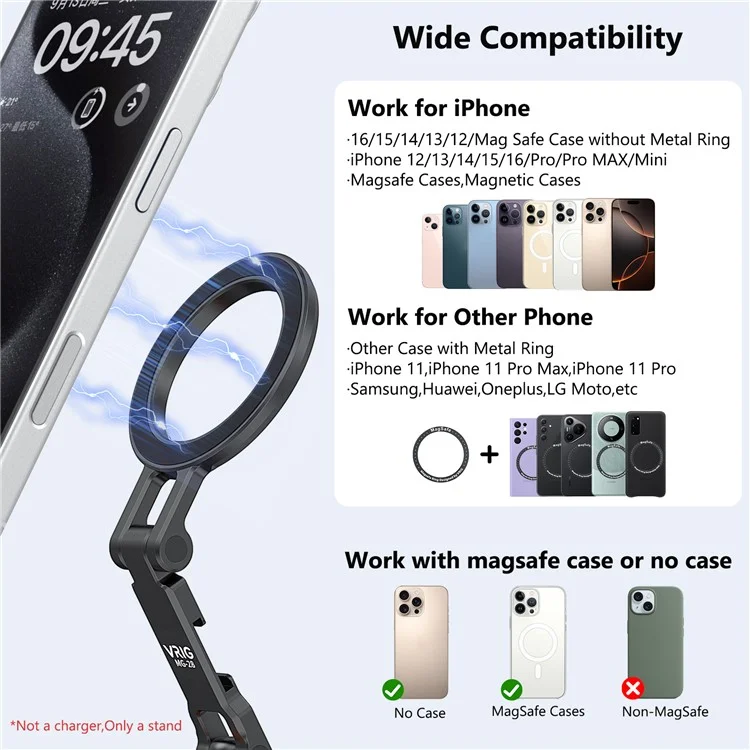 VRIG MG-28 Compatible with MagSafe Metal Cold Shoe Foldable Magnetic Stand Dual-Axis Rotation Holder, Small