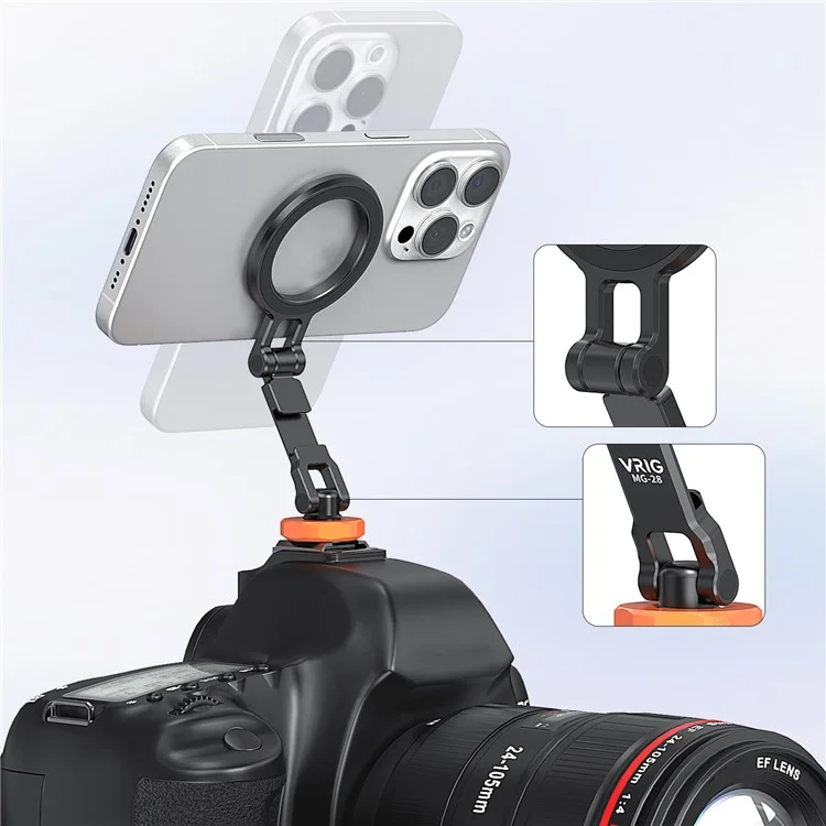 VRIG MG-28 Compatible with MagSafe Metal Cold Shoe Foldable Magnetic Stand Dual-Axis Rotation Holder, Small