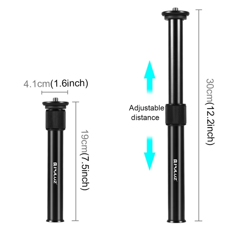PULUZ PU3008 3 / 8 Inch Screw Hole Camera Stand Extension Pole 18.7-31cm Telescopic Rod for Tripod Monopod