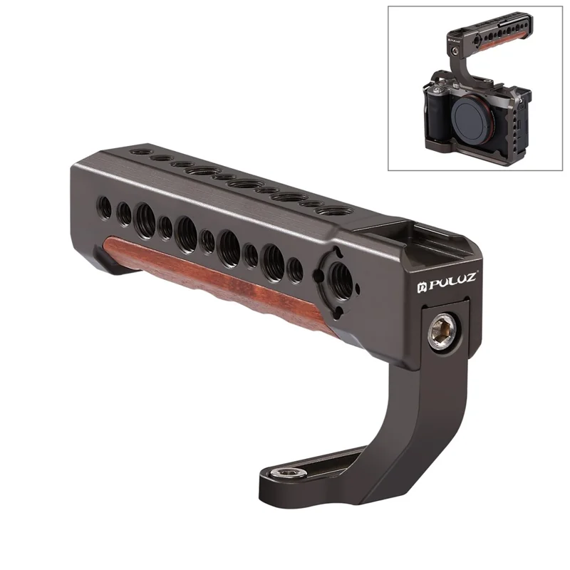 PULUZ PU3068GT Aluminum Alloy + Wood Top Handle Grip with Cold Shoe Mount for Mirrorless Camera
