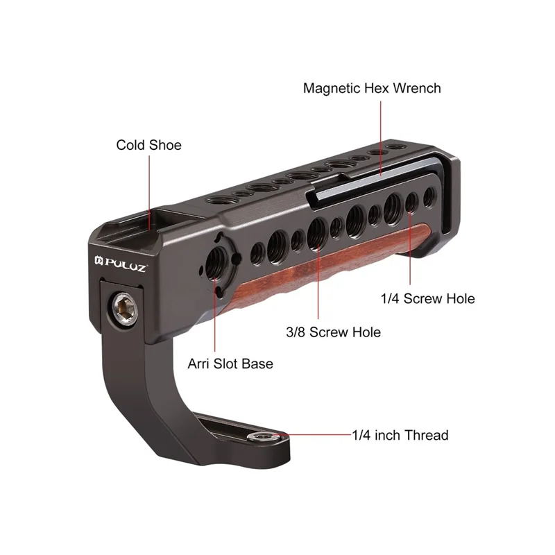 PULUZ PU3068GT Aluminum Alloy + Wood Top Handle Grip with Cold Shoe Mount for Mirrorless Camera