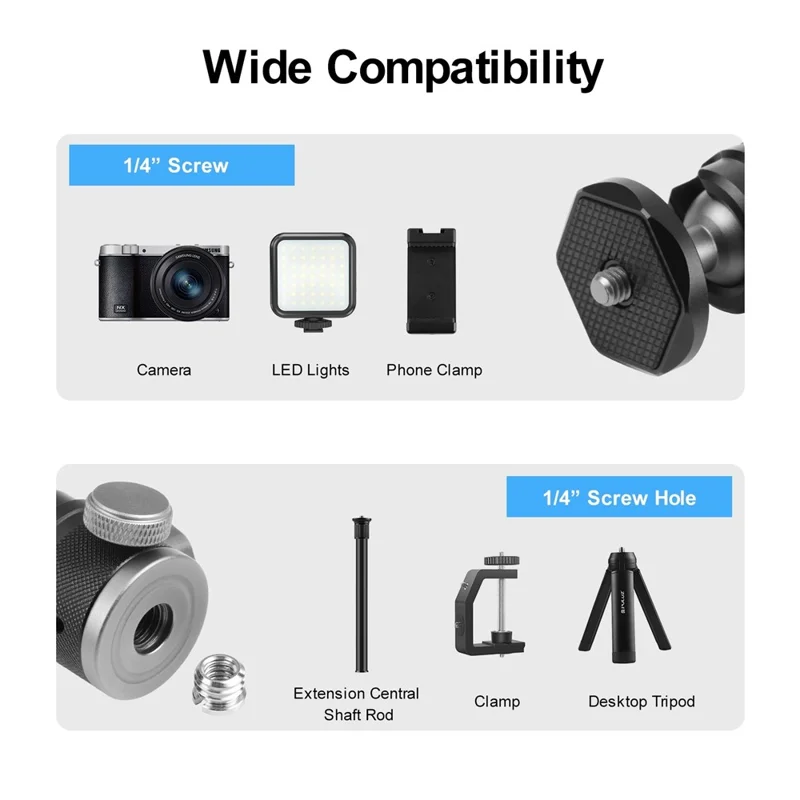PULUZ PU3093B 360 Degree Panoramic Mini Ball Head Tripod Mount for Camera / Phone Clamp / Fill Light