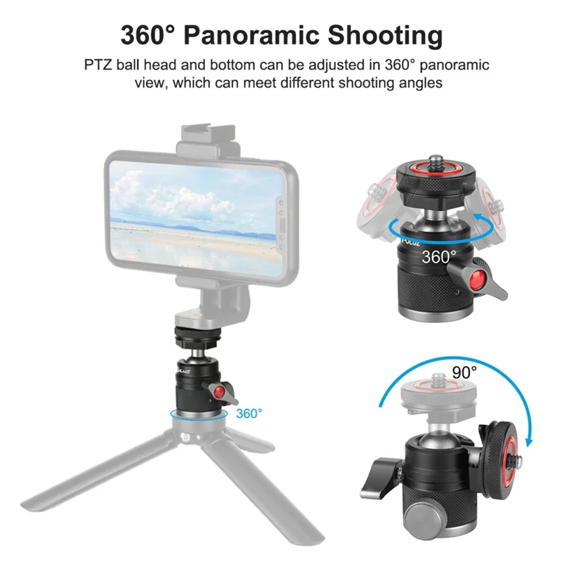 PULUZ PU3075B 360 Degree Panoramic Rotation Aluminum Alloy Ball Head Tripod Mount with Cold Shoe Base