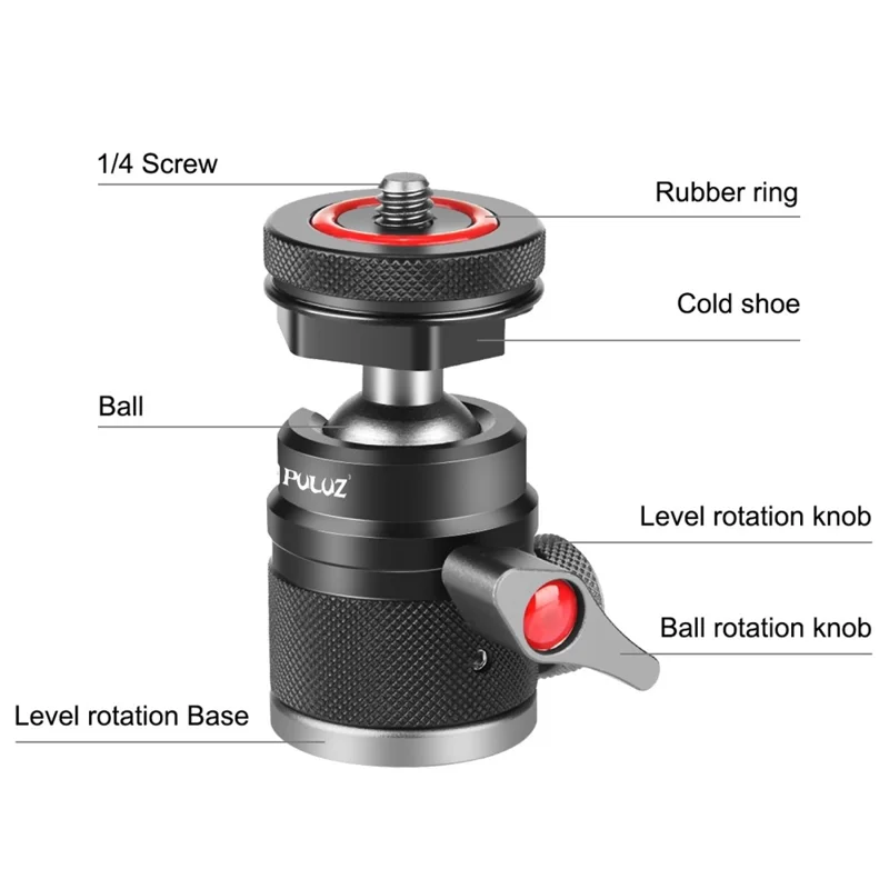 PULUZ PU3075B 360 Degree Panoramic Rotation Aluminum Alloy Ball Head Tripod Mount with Cold Shoe Base