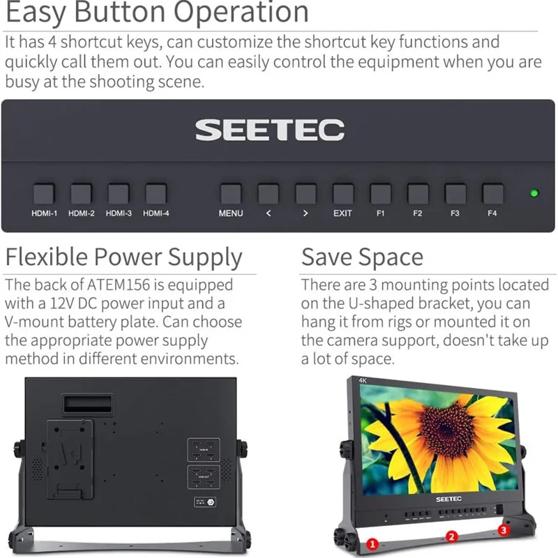 SEETEC ATEM156 For ATEM Mini Pro 15.6 Inch Broadcast Monitor Video Switcher Mixer Studio TV Screen Live Streaming Director Display - US Plug