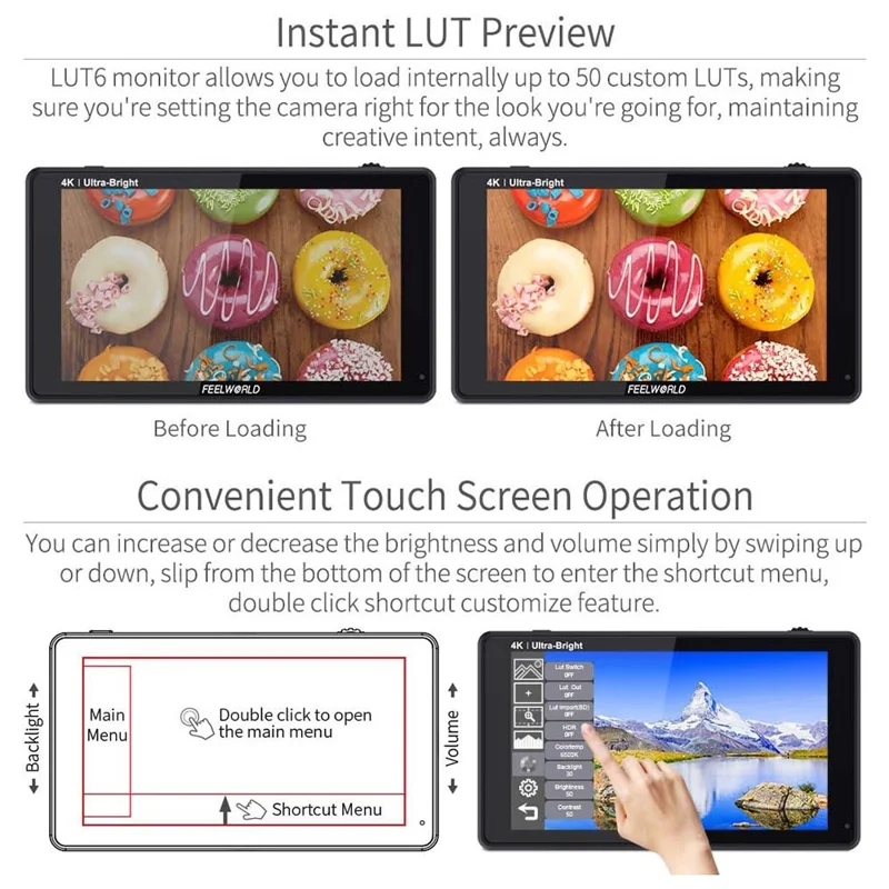 FEELWORLD LUT6 6 inch 4K HD Monitor 1920x1080 IPS Full HD 2600nit High Brightness Display Screen for Photography / Videography