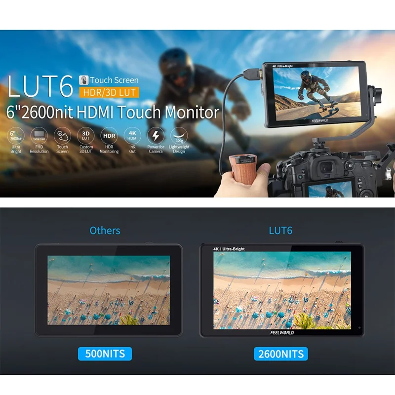 FEELWORLD LUT6 6 inch 4K HD Monitor 1920x1080 IPS Full HD 2600nit High Brightness Display Screen for Photography / Videography