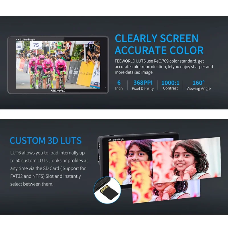 FEELWORLD LUT6 6 inch 4K HD Monitor 1920x1080 IPS Full HD 2600nit High Brightness Display Screen for Photography / Videography