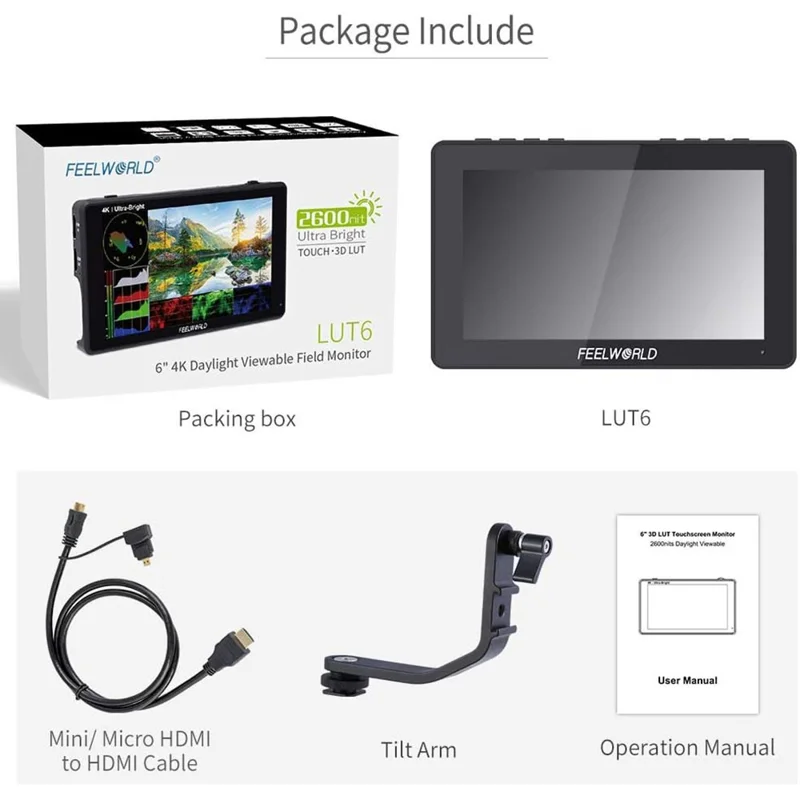 FEELWORLD LUT6 6 inch 4K HD Monitor 1920x1080 IPS Full HD 2600nit High Brightness Display Screen for Photography / Videography