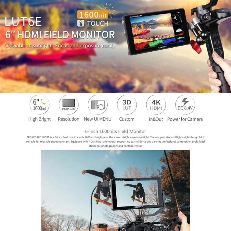 FEELWORLD LUT6E 6 inch 4K HD Monitor 1920x1080 IPS Full HD 1600nit High Brightness Display Screen for Photography / Videography